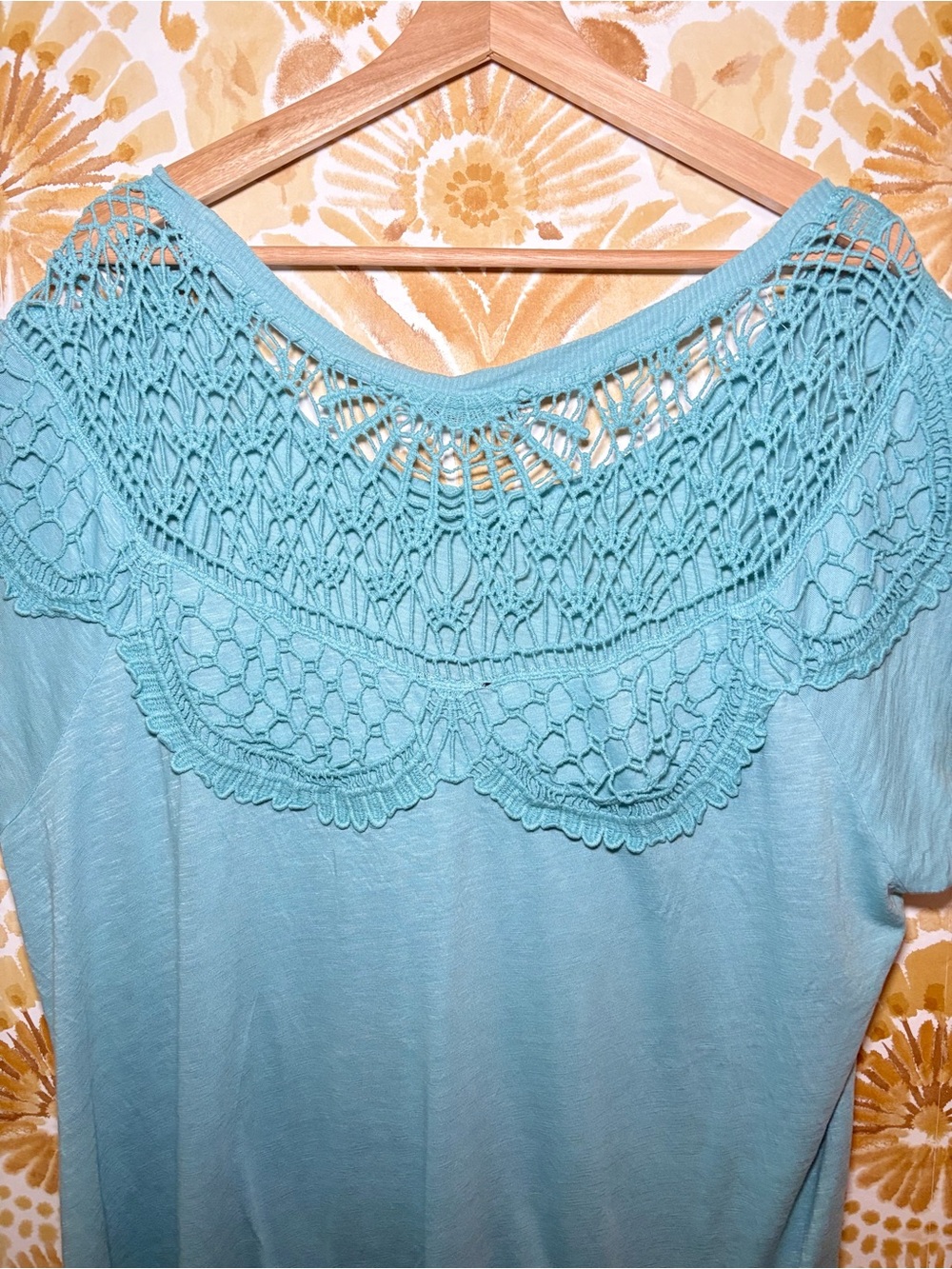 Aqua Crochet Lace Top | Boho Coastal Blouse | Short Sleeve Boutique Tee - Picture 9 of 11
